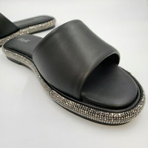 Womens 10 Pool Side Slides Black Silver Sandals Glam Cruise Slipper Summer Shoes
